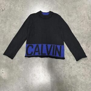 Calvin Klein Cotton Sweater Womens Medium Black Blue Big Logo Jeans Acrylic